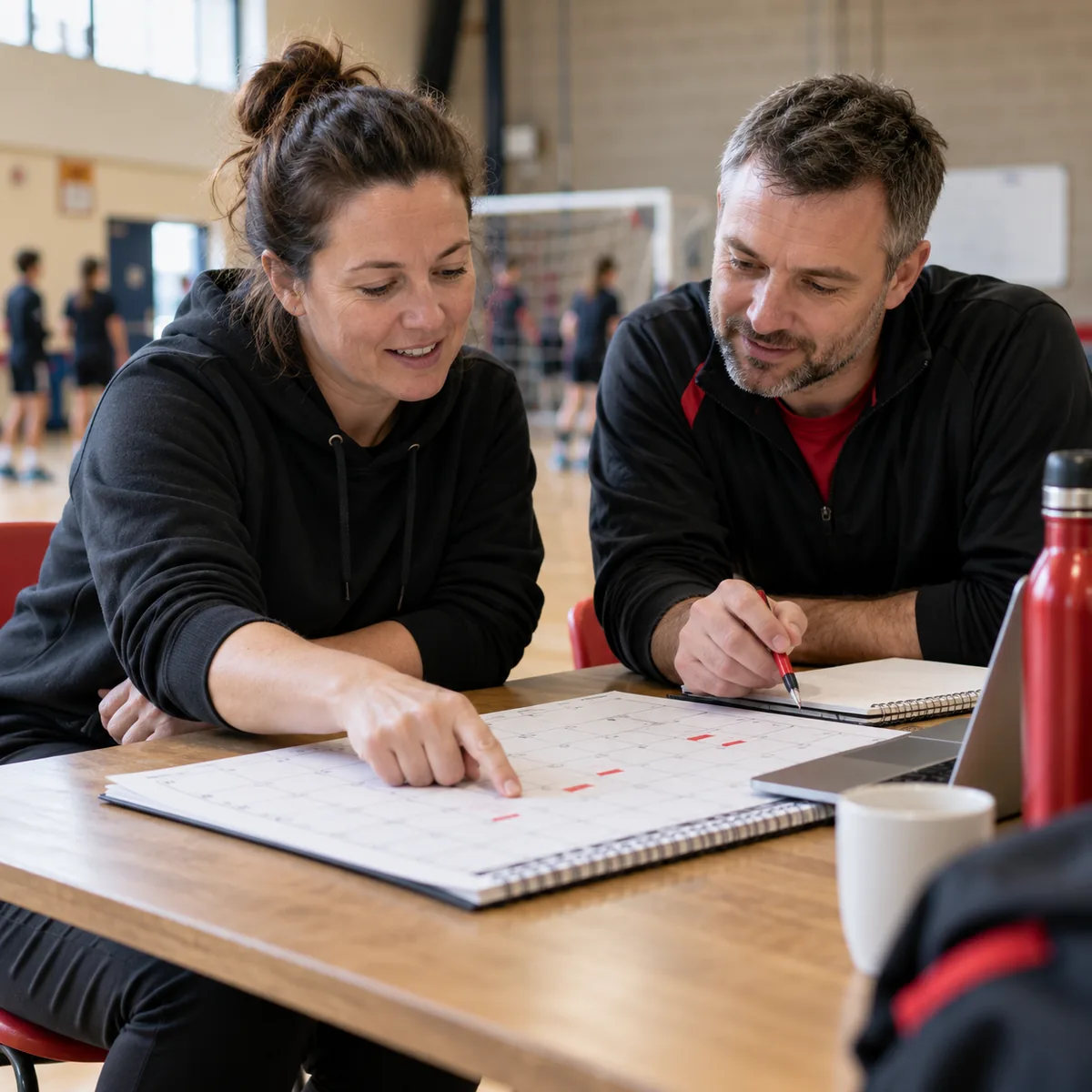 Two club organisers planning sessions with a paper calendar.