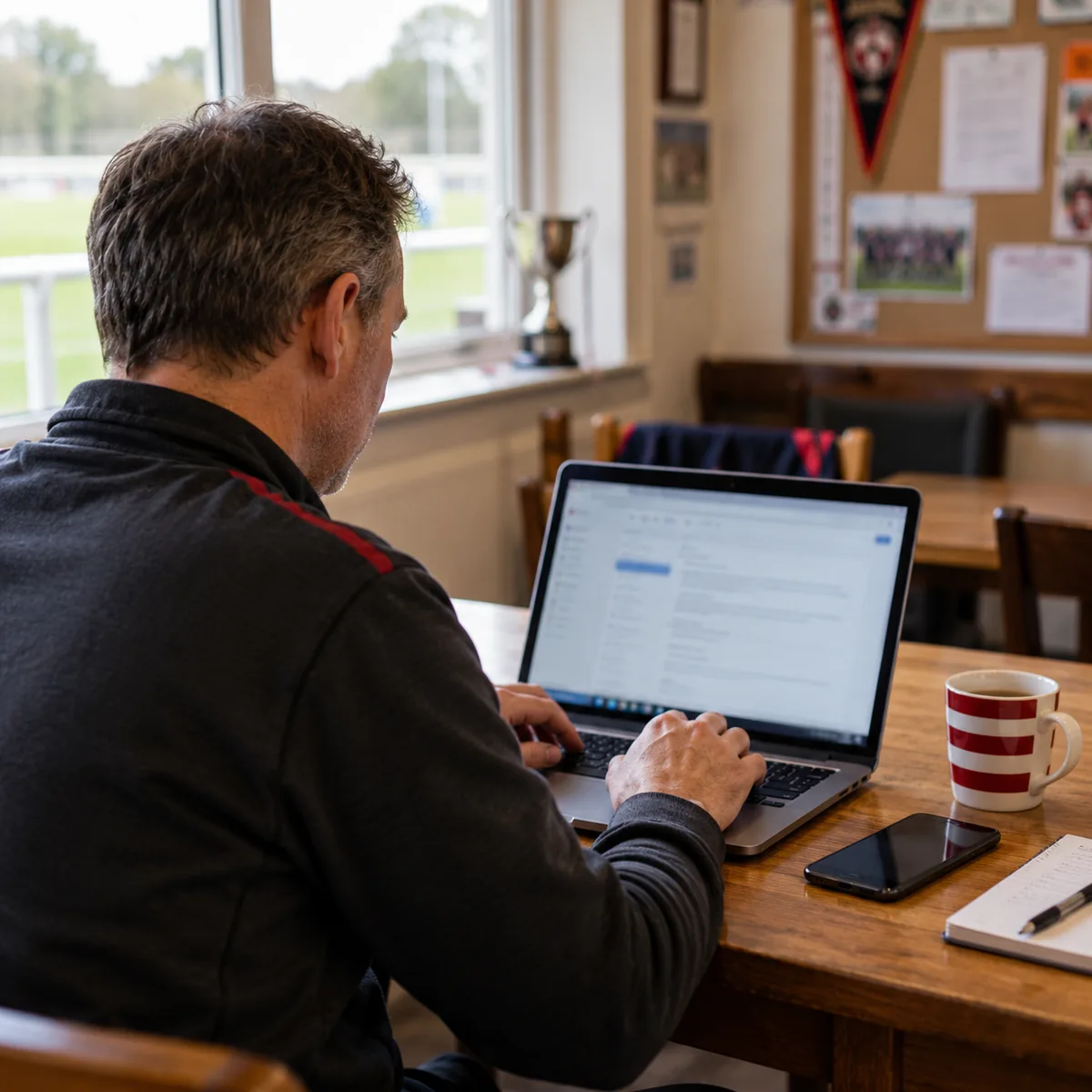 A club volunteer typing on a laptop beside the clubhouse window.