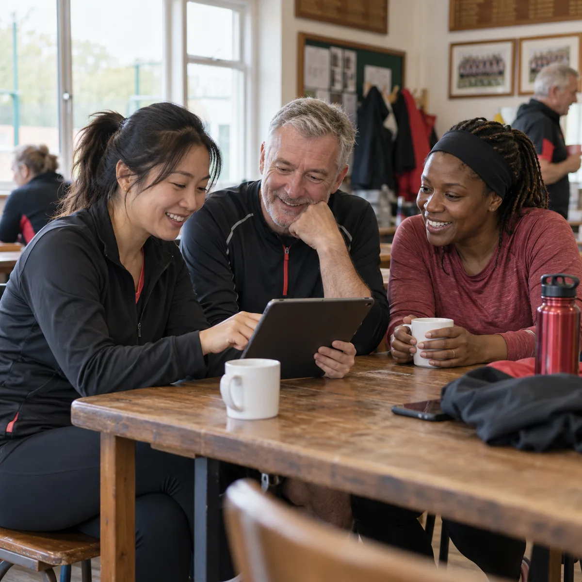 Three club members sharing ideas around a tablet.
