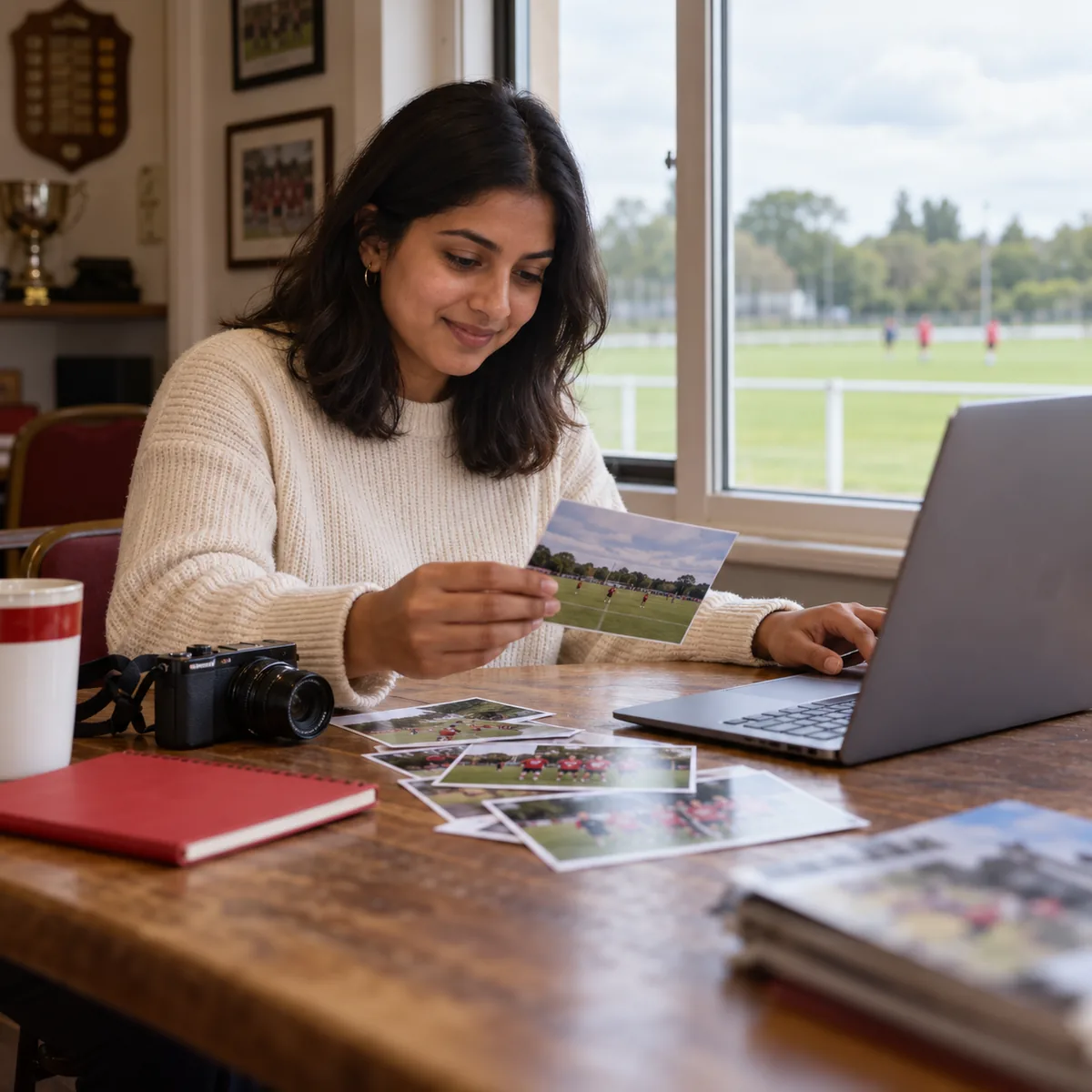 A club volunteer reviewing printed photographs beside a laptop and camera.