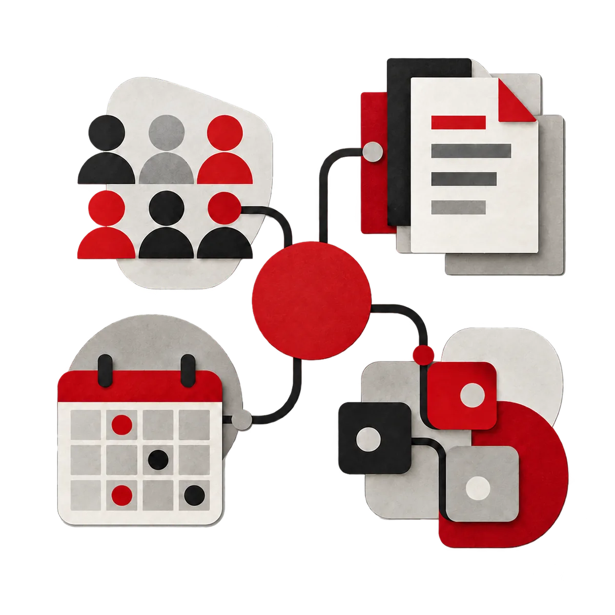 Abstract connected membership, document and calendar shapes around a central red hub.