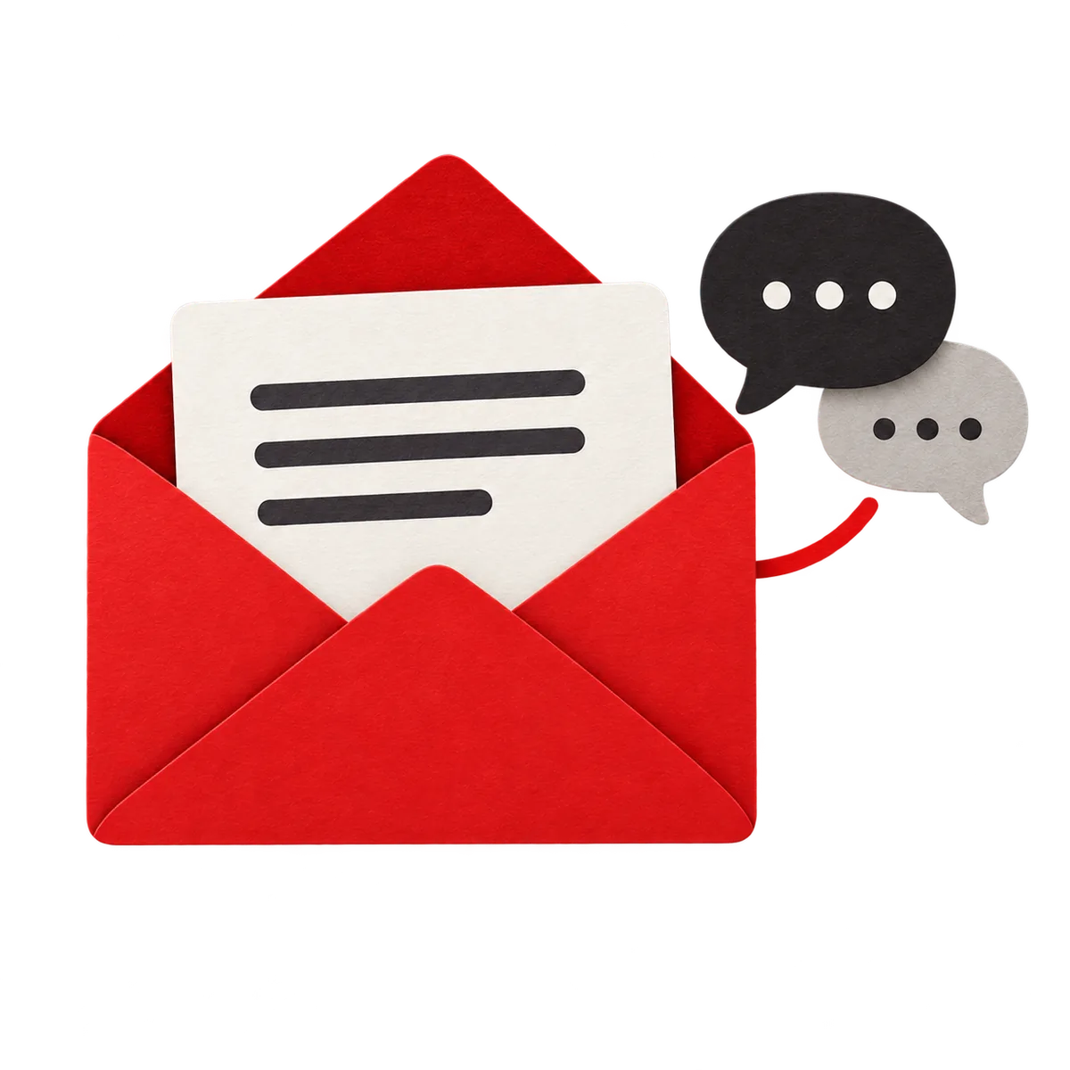 Paper-cut envelope with a message card and connected speech bubbles.