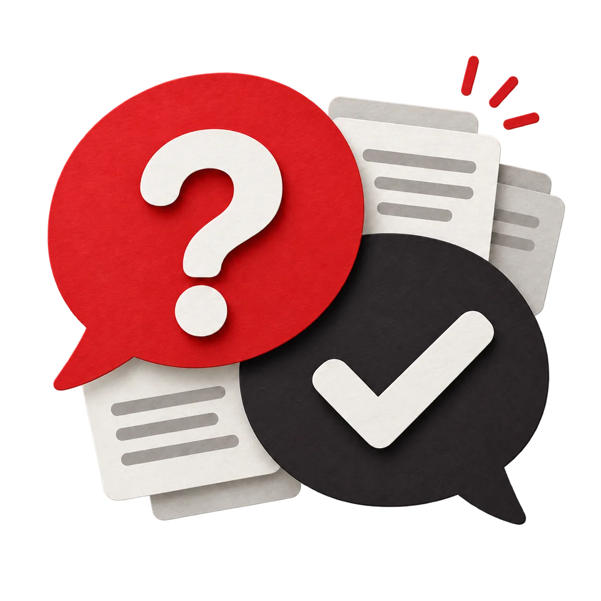 Paper-cut question and answer speech bubbles with a question mark and tick.