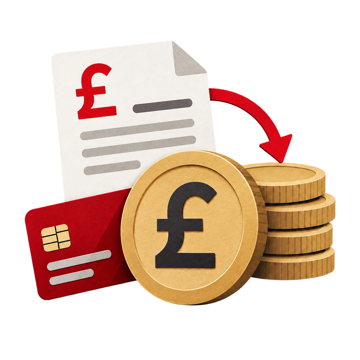 Paper-cut pound coins beside an invoice and payment card.