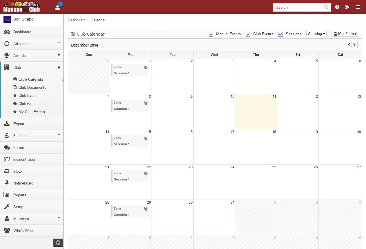 Manage My Club monthly calendar showing recurring club sessions and filters for events and sessions.