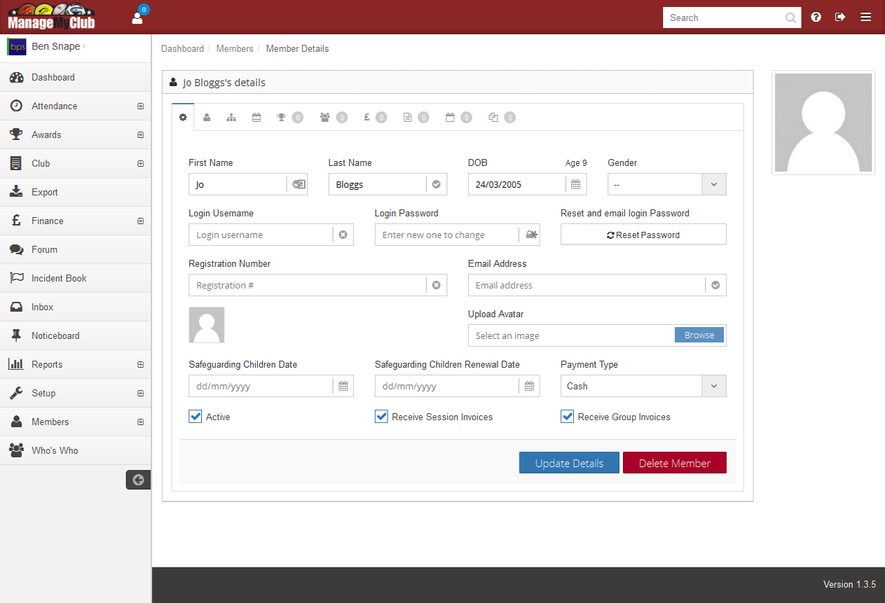 Manage My Club member details screen with contact, registration and payment fields.