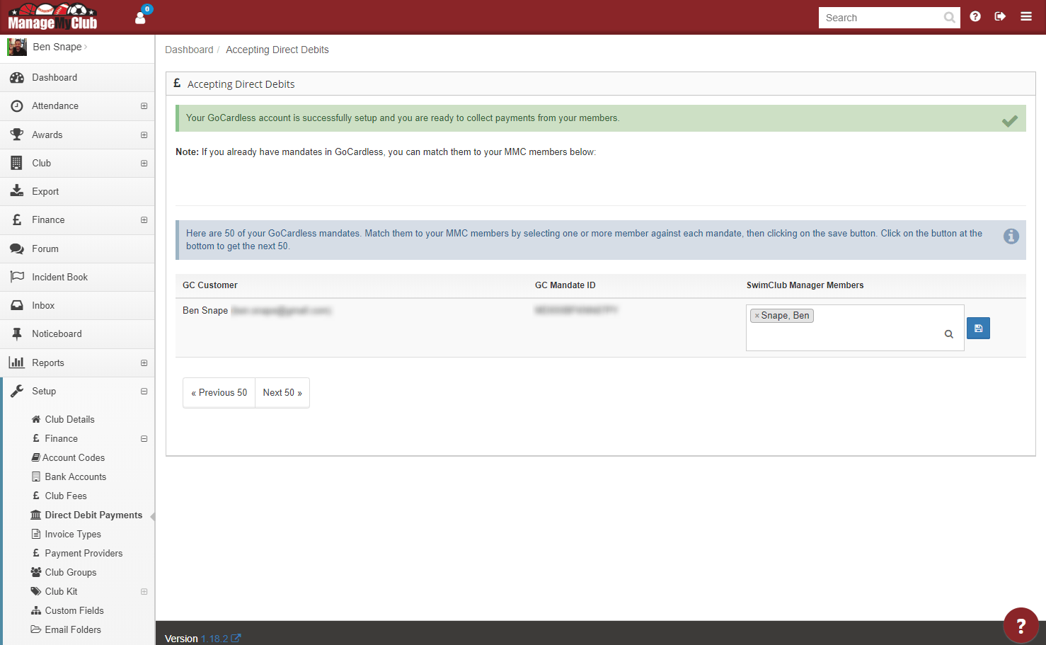 A view of gocardless integration in the Manage My Club application
